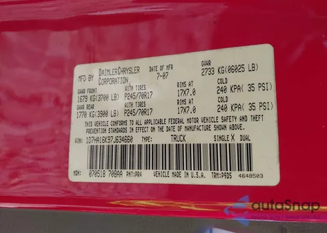 2007 Dodge Ram 1500 St from USA, damaged, VIN 1D7HA16K97J634660